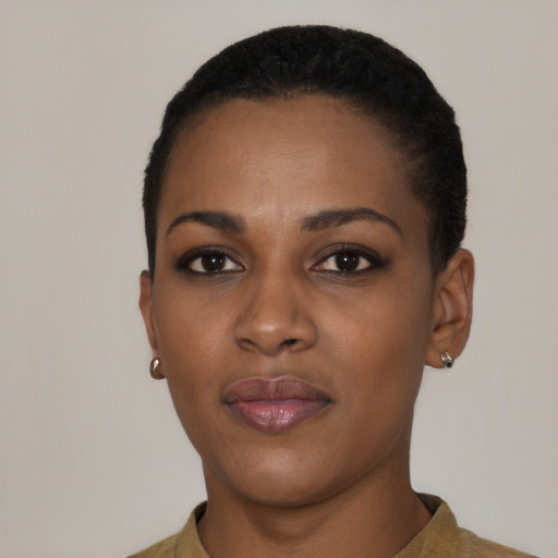 Neutral black young-adult female with short  black hair and brown eyes