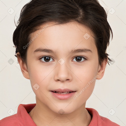 Joyful white child female with short  brown hair and brown eyes