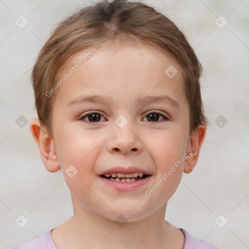 Joyful white child female with short  brown hair and brown eyes