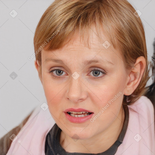 Joyful white young-adult female with medium  brown hair and blue eyes