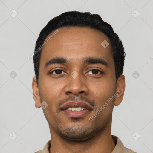 Neutral latino young-adult male with short  black hair and brown eyes