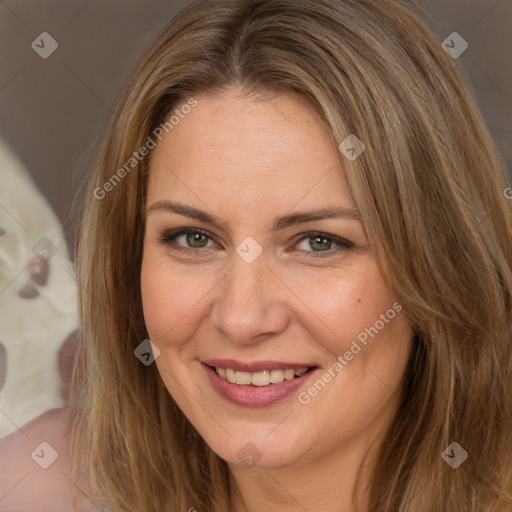 Joyful white adult female with long  brown hair and brown eyes