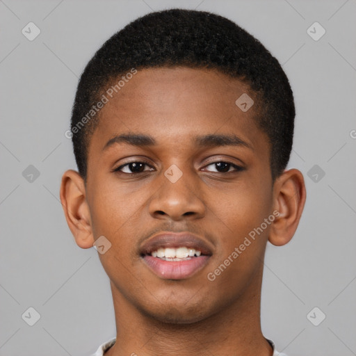 Joyful black young-adult male with short  brown hair and brown eyes