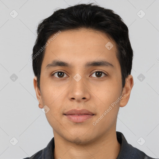 Neutral asian young-adult male with short  black hair and brown eyes