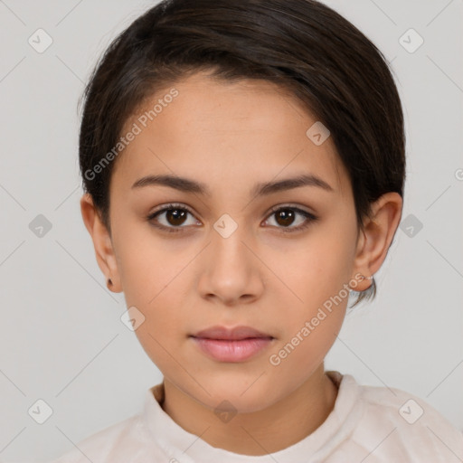 Neutral white young-adult female with short  brown hair and brown eyes