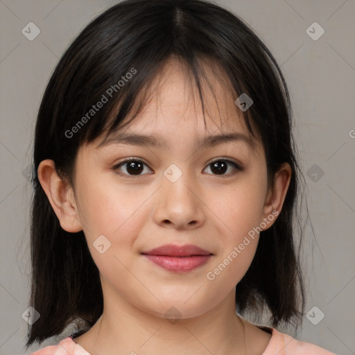 Joyful white child female with medium  brown hair and brown eyes