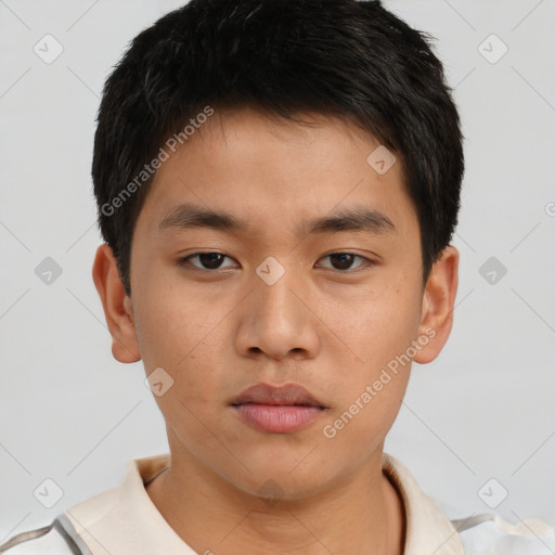 Neutral asian young-adult male with short  brown hair and brown eyes