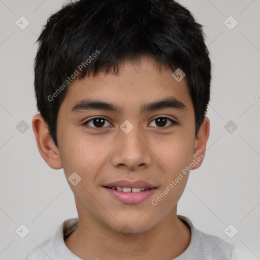 Joyful asian child male with short  brown hair and brown eyes