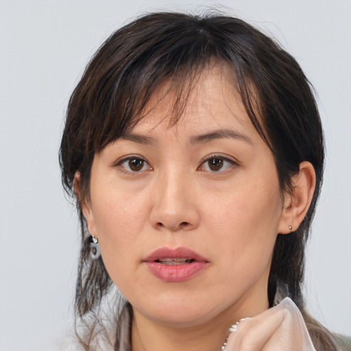 Joyful asian adult female with medium  brown hair and brown eyes