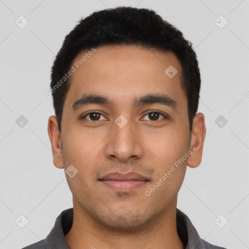 Neutral latino young-adult male with short  black hair and brown eyes