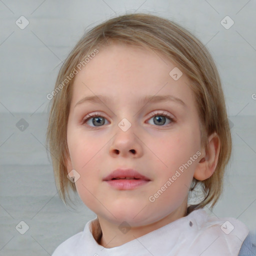 Neutral white child female with medium  brown hair and blue eyes