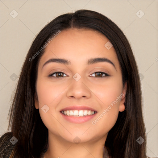 Joyful white young-adult female with long  brown hair and brown eyes