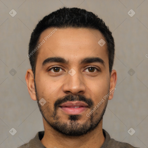 Neutral latino young-adult male with short  black hair and brown eyes