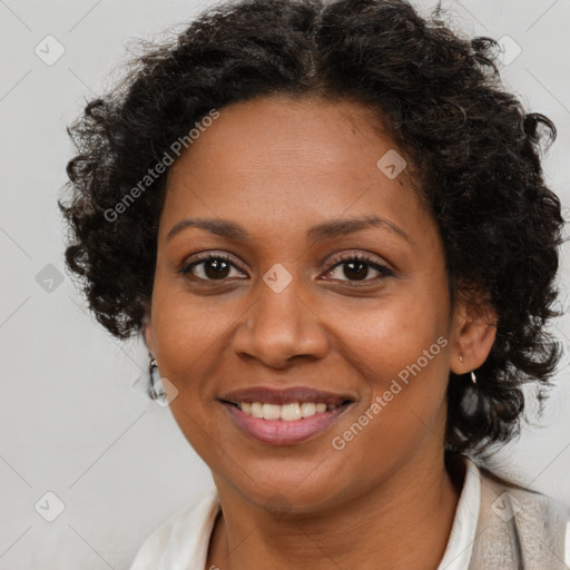 Joyful black adult female with medium  brown hair and brown eyes