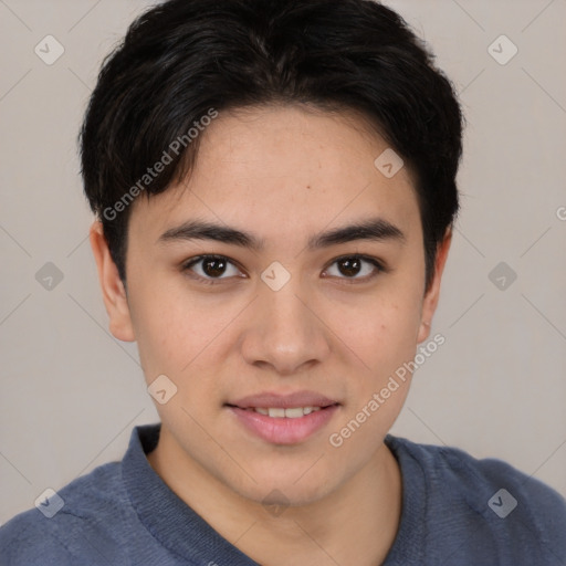 Joyful white young-adult male with short  black hair and brown eyes