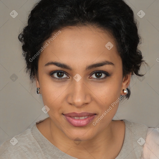 Joyful latino young-adult female with short  brown hair and brown eyes
