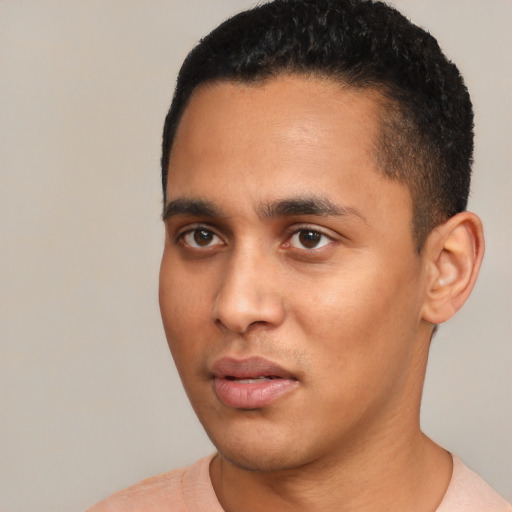 Neutral latino young-adult male with short  black hair and brown eyes