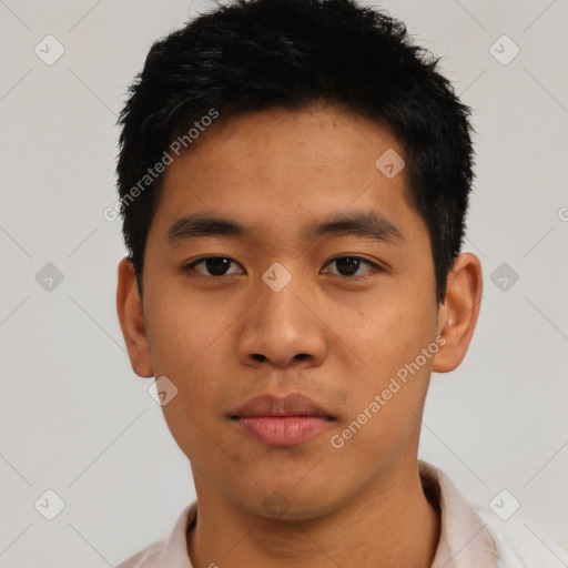 Neutral asian young-adult male with short  black hair and brown eyes