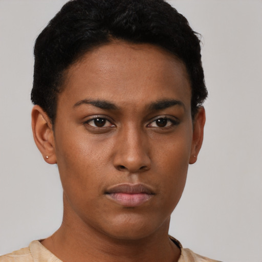 Neutral latino young-adult female with short  brown hair and brown eyes