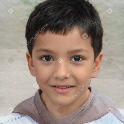 Joyful white child male with short  brown hair and brown eyes