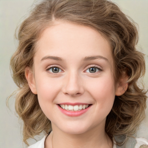 Joyful white young-adult female with medium  brown hair and green eyes