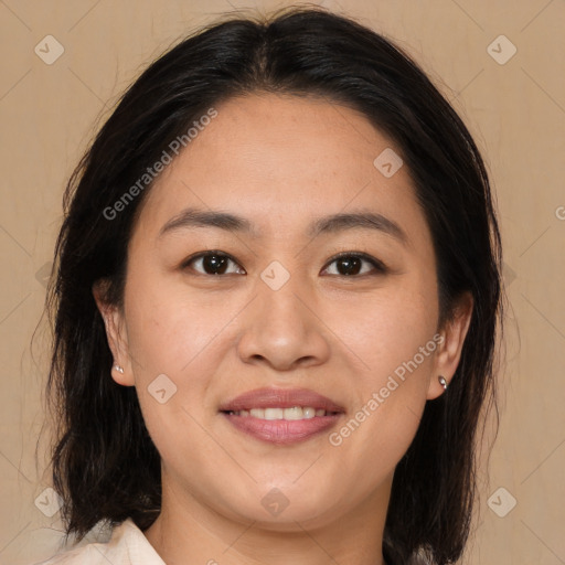 Joyful white young-adult female with medium  brown hair and brown eyes