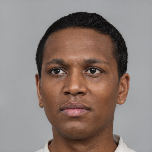 Neutral black young-adult male with short  black hair and brown eyes