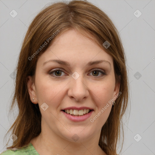 Joyful white young-adult female with medium  brown hair and green eyes