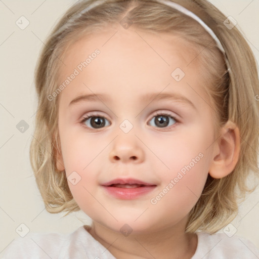 Joyful white child female with medium  brown hair and blue eyes