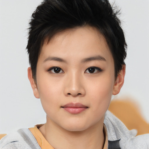 Neutral asian young-adult female with short  black hair and brown eyes