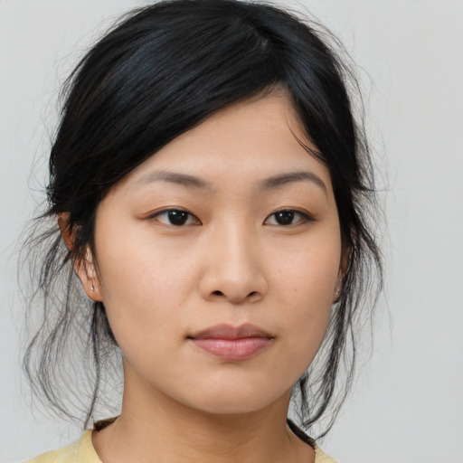 Neutral asian young-adult female with medium  black hair and brown eyes