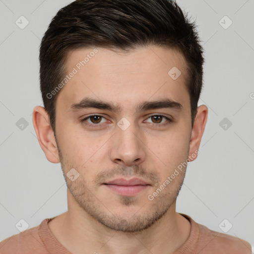 Neutral white young-adult male with short  brown hair and brown eyes