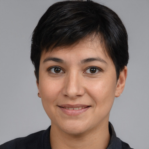 Joyful white young-adult female with medium  brown hair and brown eyes
