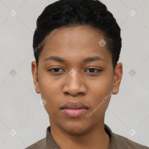 Neutral latino young-adult female with short  black hair and brown eyes
