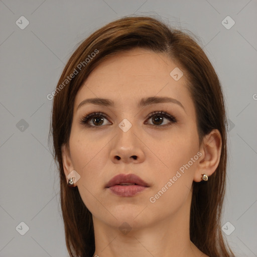 Neutral white young-adult female with medium  brown hair and brown eyes