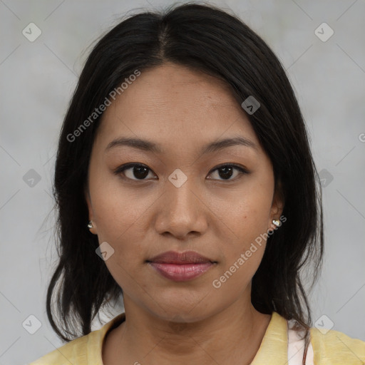 Neutral asian young-adult female with medium  black hair and brown eyes