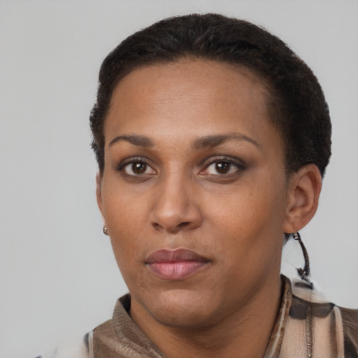 Neutral black young-adult female with short  black hair and brown eyes