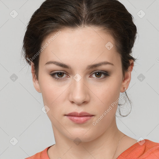 Neutral white young-adult female with short  brown hair and brown eyes