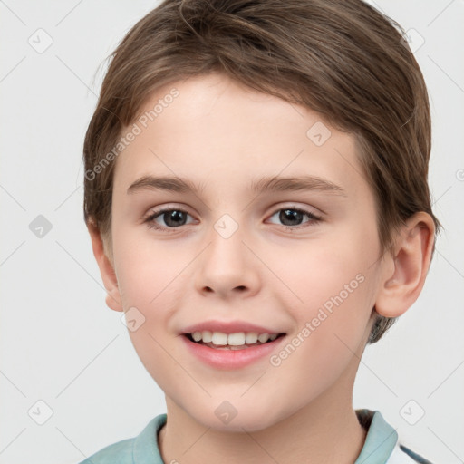 Joyful white child female with short  brown hair and brown eyes