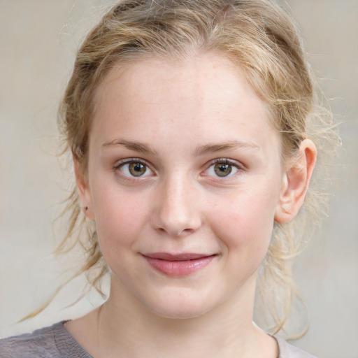 Joyful white child female with medium  brown hair and blue eyes