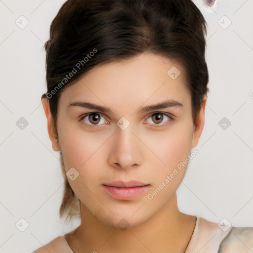 Neutral white young-adult female with short  brown hair and brown eyes