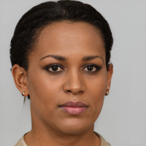 Neutral latino young-adult female with short  brown hair and brown eyes