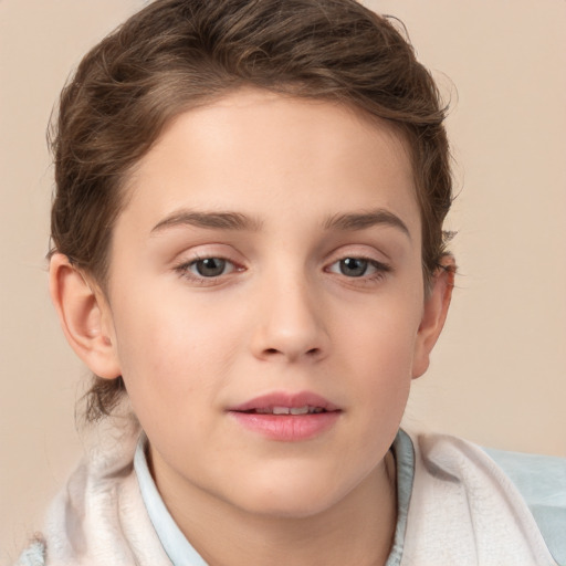 Joyful white child female with short  brown hair and brown eyes