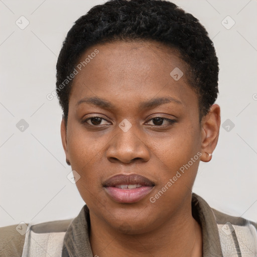 Joyful black young-adult female with short  black hair and brown eyes