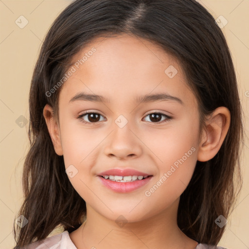 Joyful white child female with medium  brown hair and brown eyes