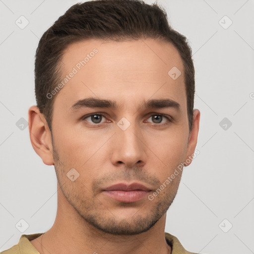 Neutral white young-adult male with short  brown hair and brown eyes