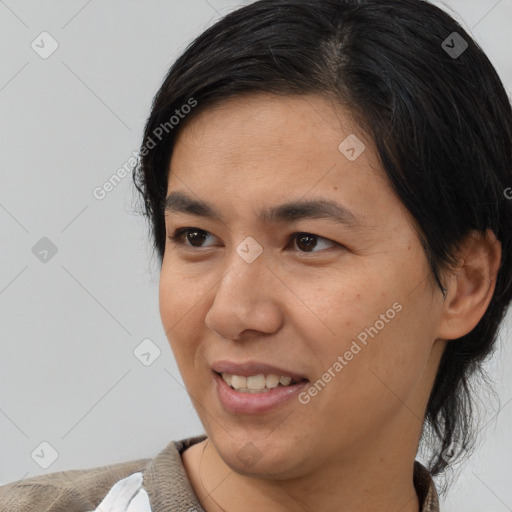 Joyful white young-adult female with medium  brown hair and brown eyes