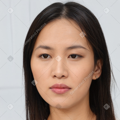 Neutral asian young-adult female with long  brown hair and brown eyes