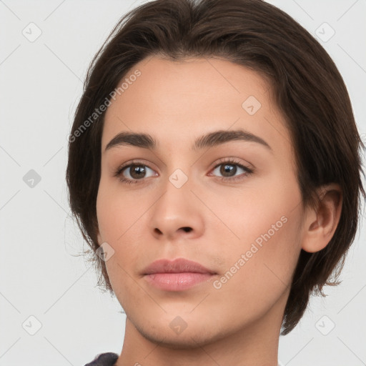 Neutral white young-adult female with medium  brown hair and brown eyes