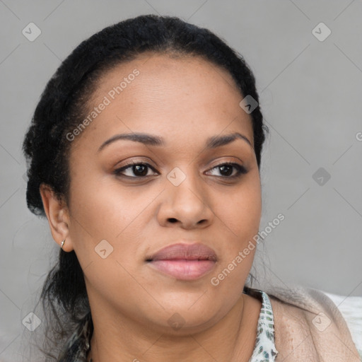 Joyful latino young-adult female with long  brown hair and brown eyes